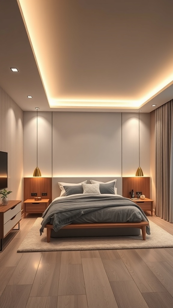 A modern luxury bedroom featuring innovative lighting solutions.