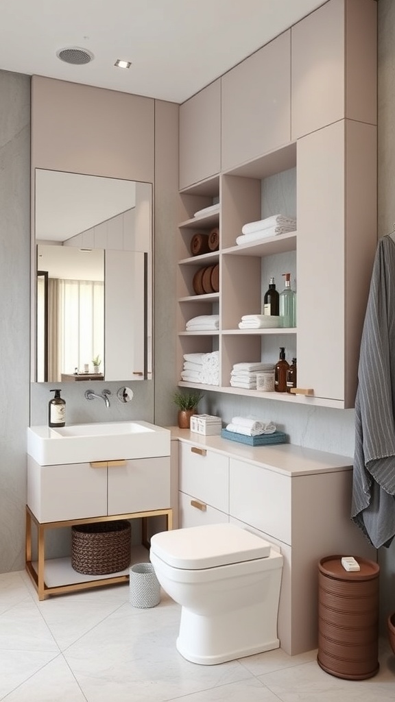 Modern luxury bathroom with wooden cabinetry and organized storage solutions