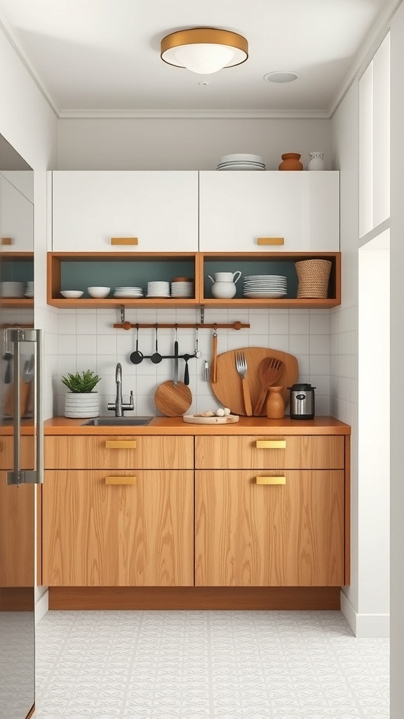 A small mid-century modern kitchen featuring light wood cabinetry, open shelving, and organized utensils.