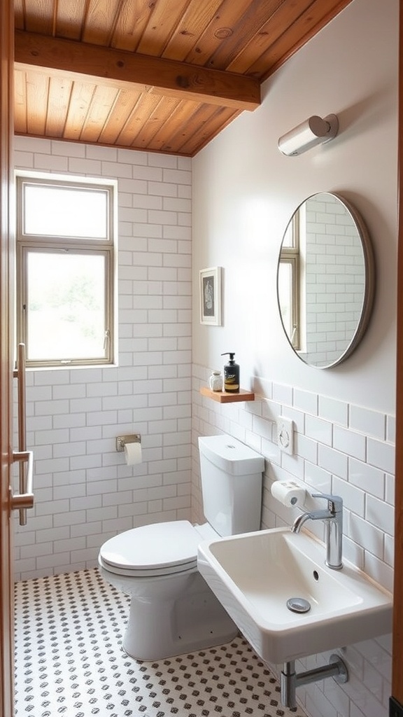 A modern bathroom featuring white tiles, a wooden ceiling, and a compact layout.