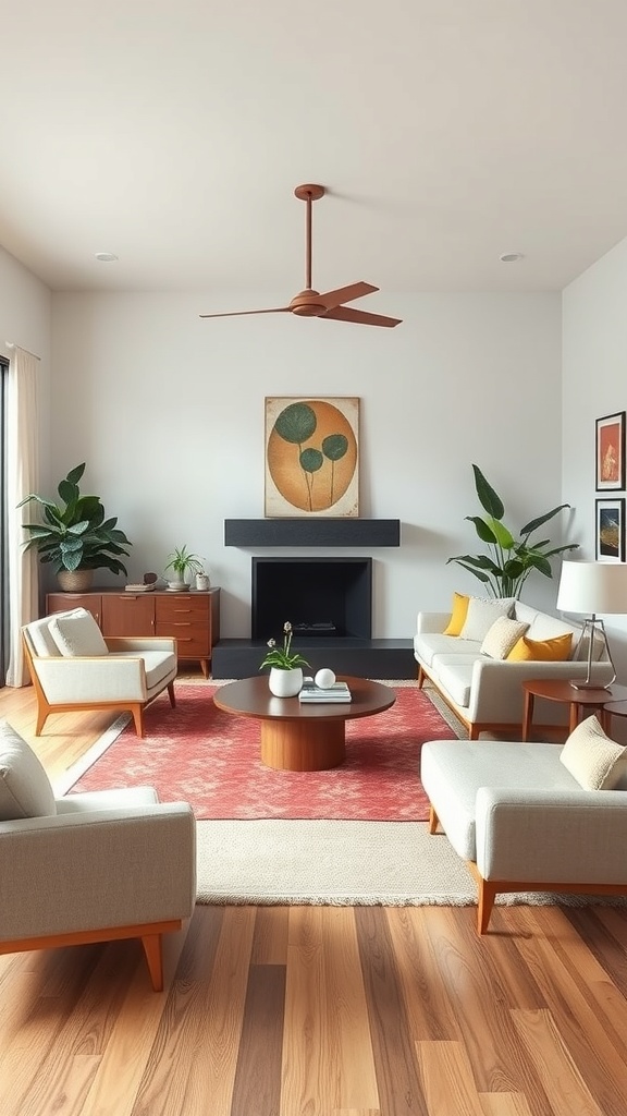 Mid-century modern living room featuring two sofas, a coffee table, and plants.