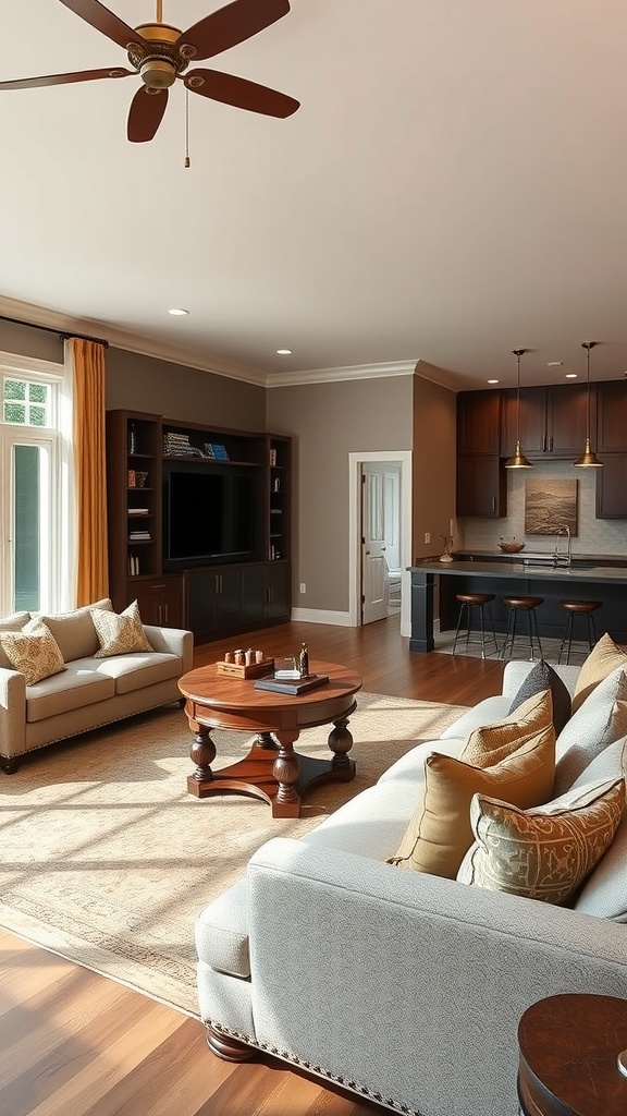 A cozy family room with wooden accents, featuring comfortable sofas, vibrant cushions, and a central coffee table.