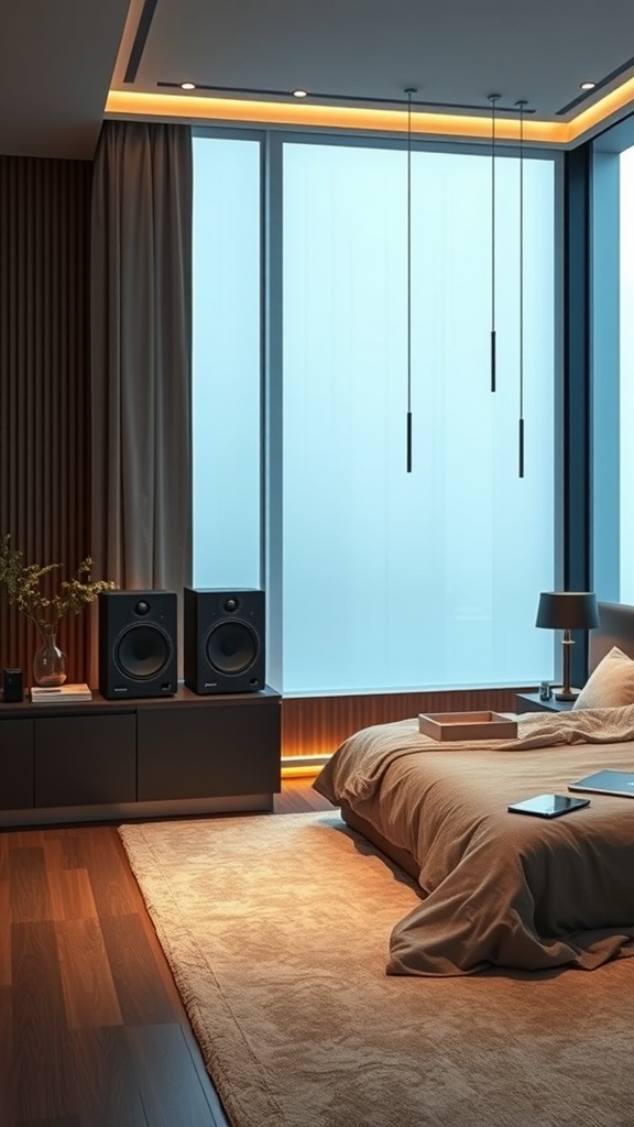A modern luxury bedroom featuring integrated sound systems with sleek speakers and a stylish design.