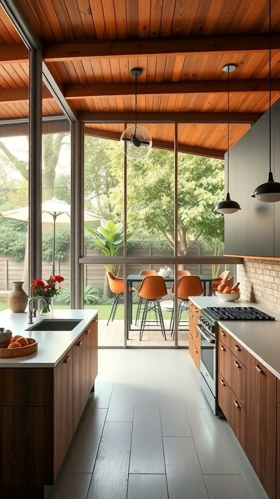 A modern kitchen with large windows opening to an outdoor dining area, featuring wooden cabinets and a sleek design.