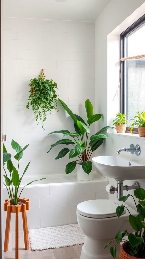 A bright mid-century modern bathroom featuring various indoor plants, including a hanging plant and larger floor plants, enhancing the space's design.