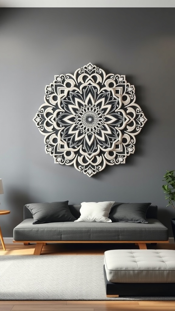 3D printed mandala wall art in black and white on a gray wall above a modern sofa