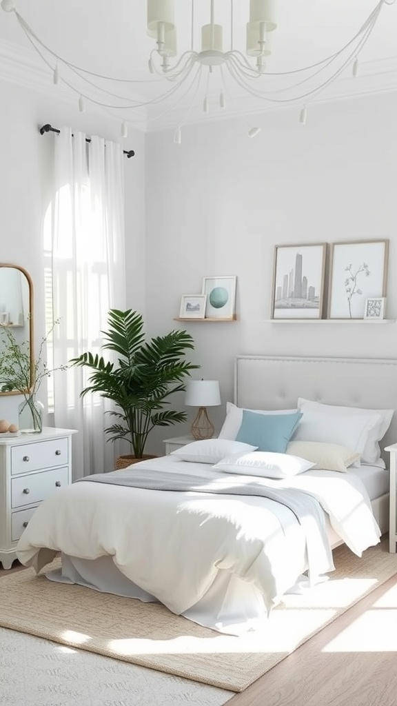 A bright and inviting guest bedroom featuring white bedding, soft blue accents, and a touch of greenery.