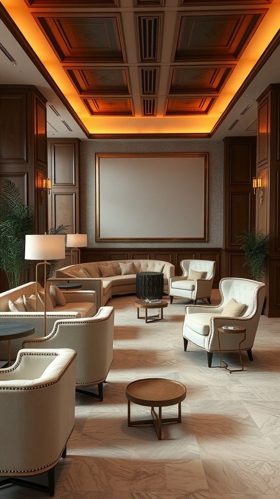 A luxurious seating area featuring plush chairs, a stylish sofa, and warm lighting.