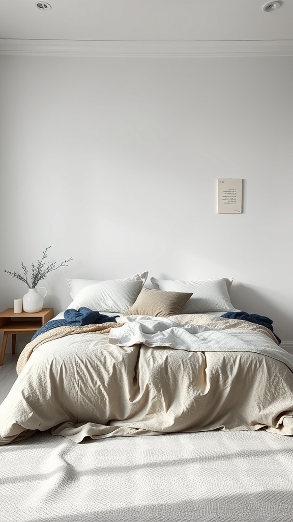 A minimalist bedroom with layered bedding featuring neutral colors and soft textures.
