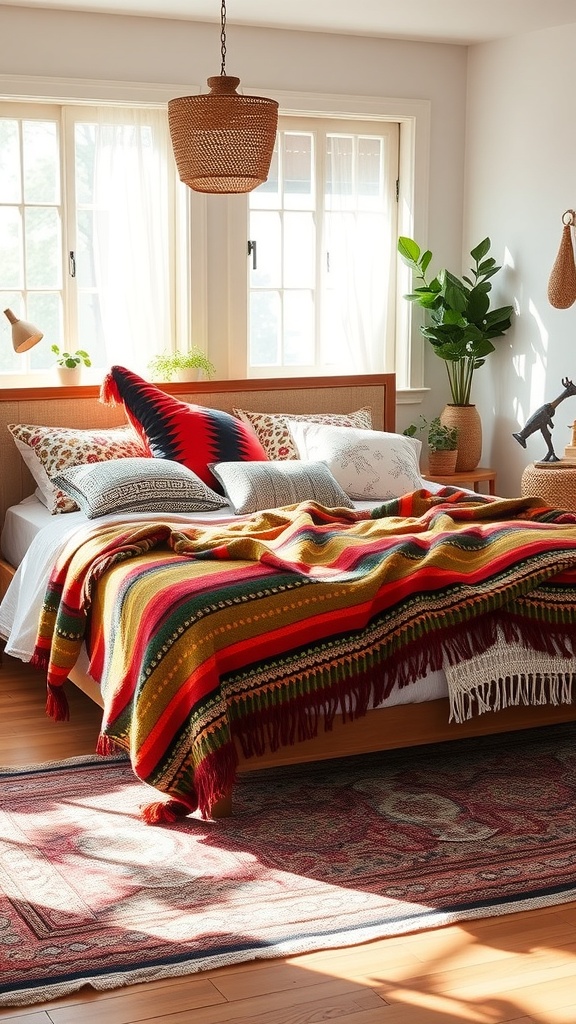 A cozy boho bedroom with layered bedding, featuring a colorful blanket and various patterned pillows.