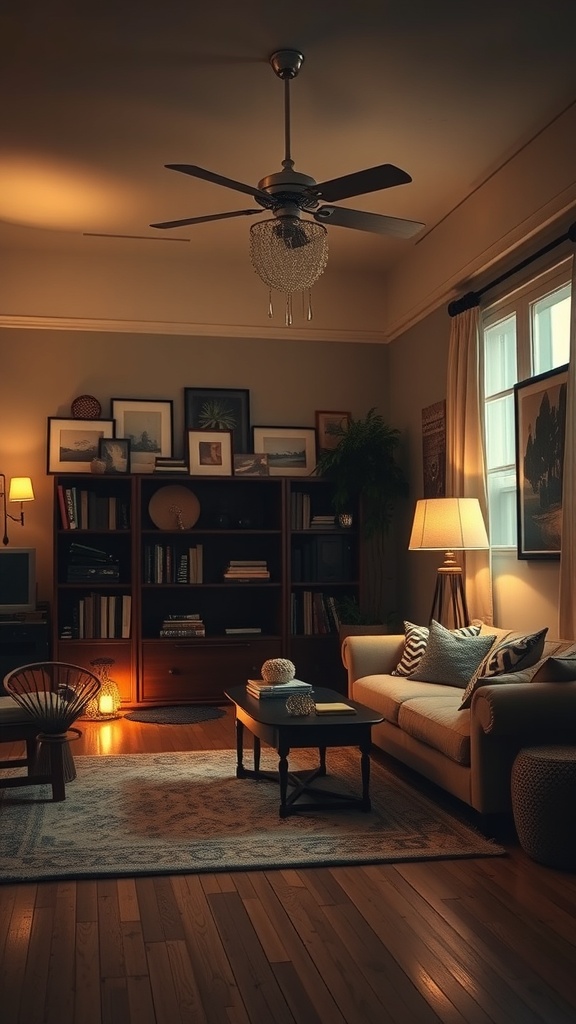 A cozy living room with layered lighting, featuring a ceiling fan, floor lamp, and decorative lantern.