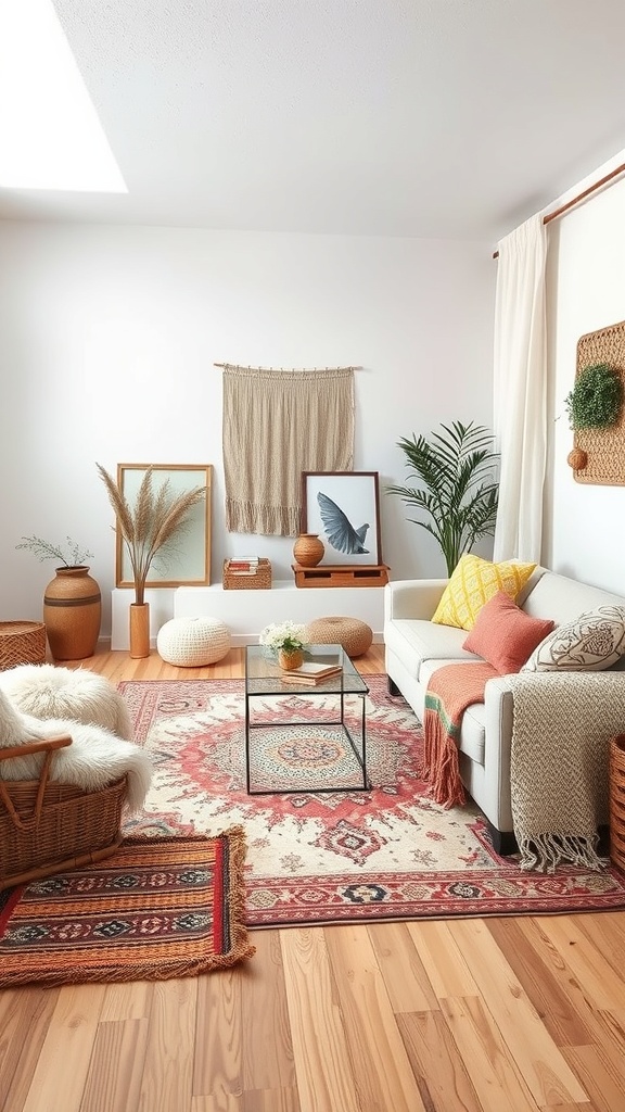 A cozy living room featuring layered textiles, including a patterned rug, woven throws, and colorful cushions.