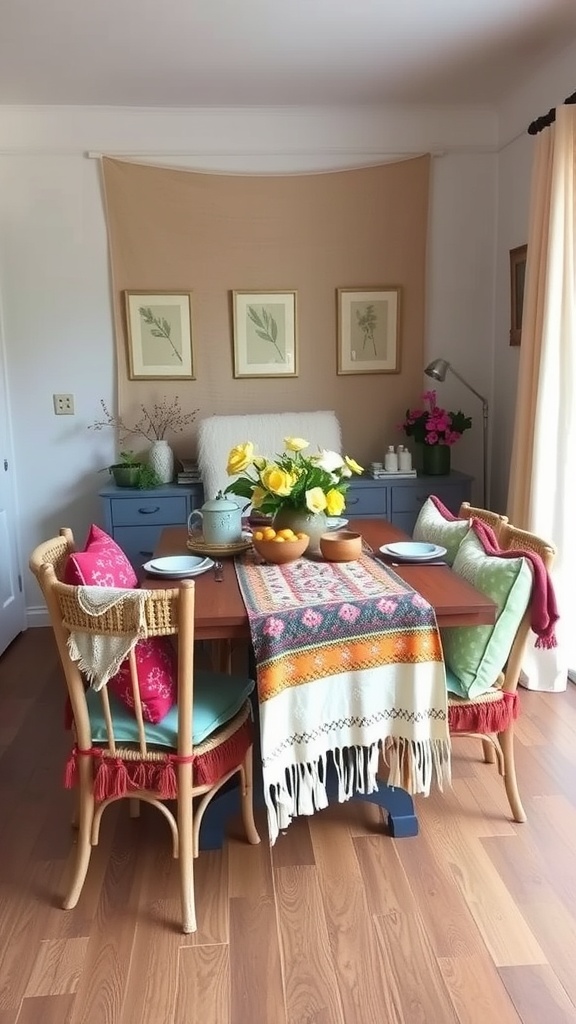 A cozy dining room with layered textiles, featuring a colorful table runner and cushions on chairs.