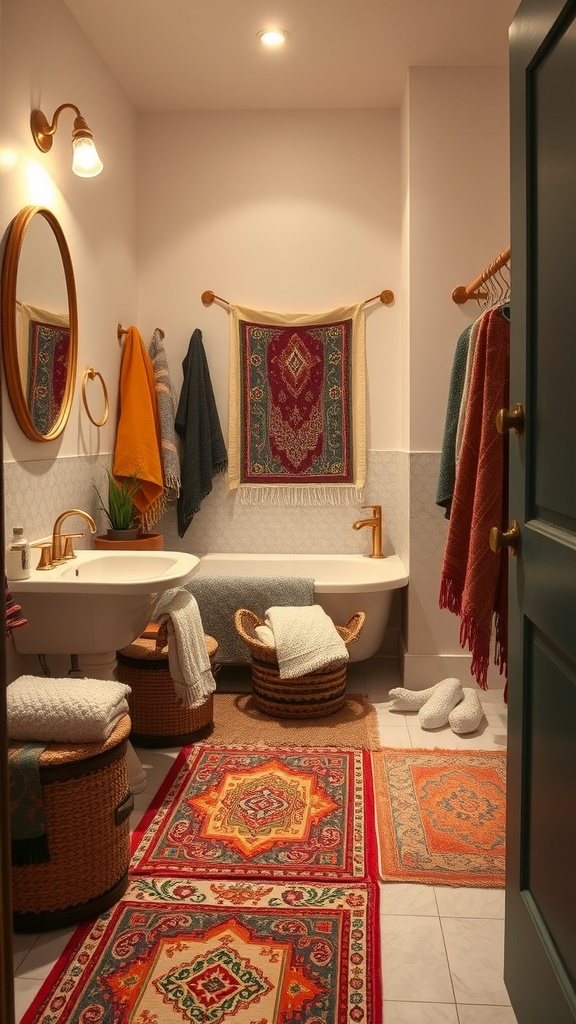 A boho-inspired bathroom featuring layered rugs, woven baskets, and colorful textiles.