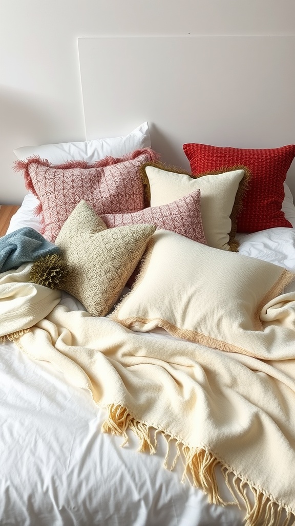 A cozy bed with layered textiles including colorful pillows and a soft throw blanket.
