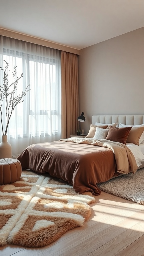 A modern luxury bedroom featuring layered textures with a cozy bed, plush rugs, and soft cushions.