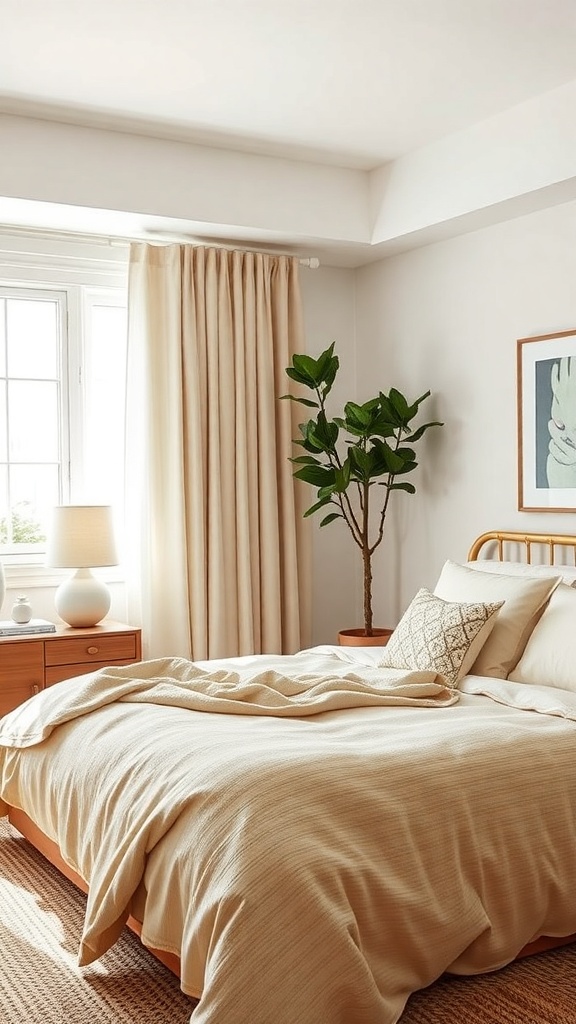 A cozy mid-century modern bedroom featuring layered textures with soft fabrics and natural elements.