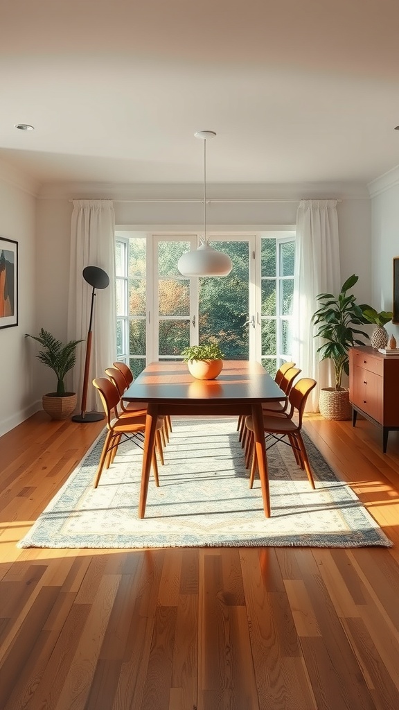 A mid-century modern dining room featuring a wooden table, chairs, and a patterned area rug, with large windows allowing natural light.