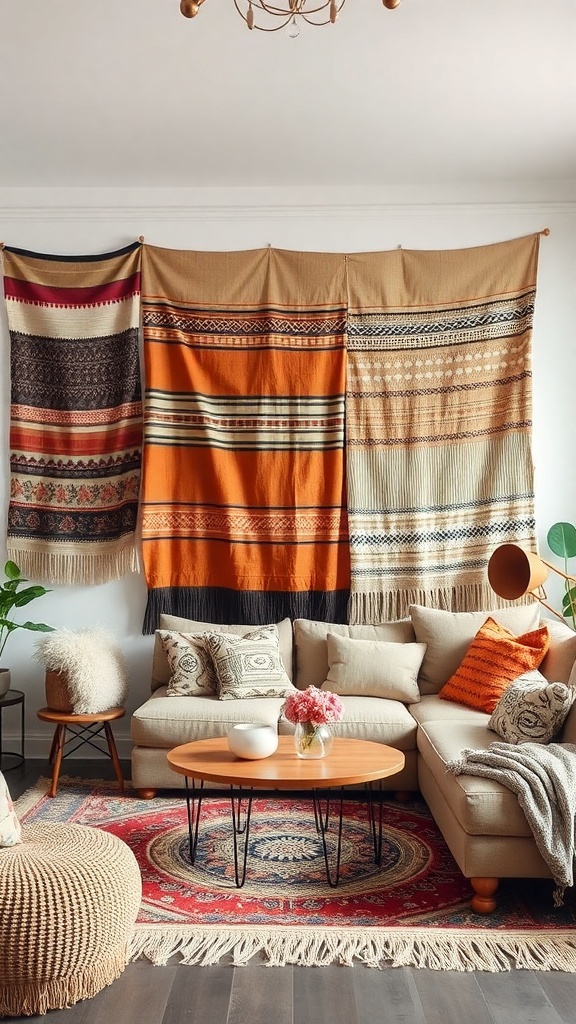 A cozy living room with layered wall textiles in warm colors, featuring a comfortable sofa and decorative pillows.