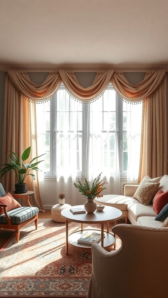 A cozy living room featuring layered window treatments with soft drapes and sheer curtains, complemented by a stylish coffee table and plants.