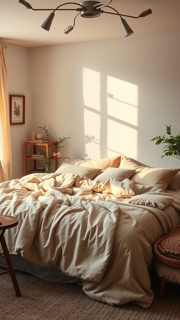 A cozy bedroom with layered textures, featuring soft linens, cushions, and natural elements.