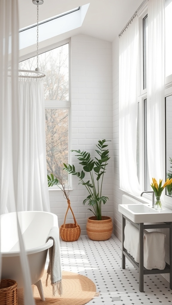 A bright and airy bathroom featuring a freestanding bathtub, large windows, and indoor plants.