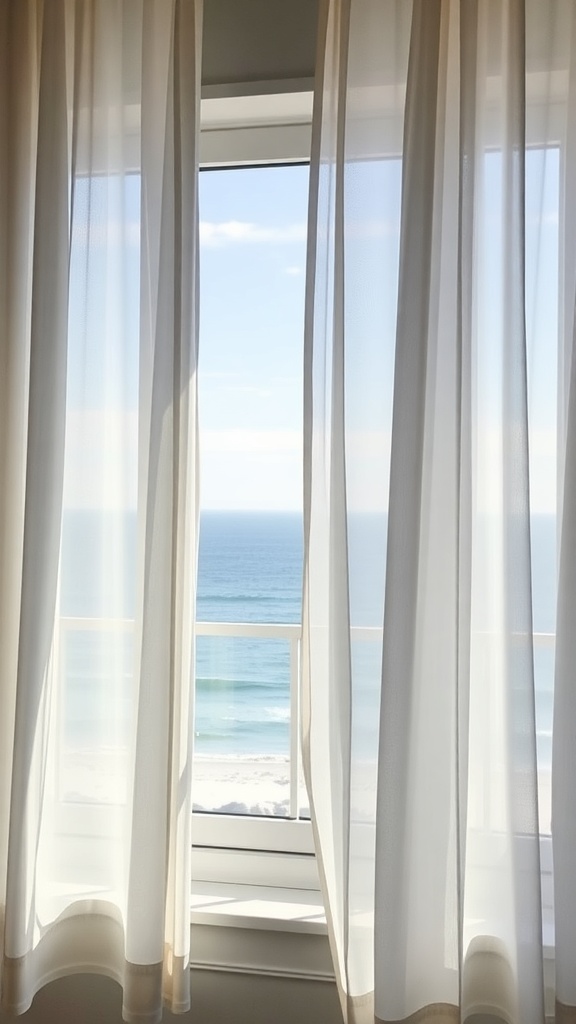 Sheer curtains framing a view of the ocean