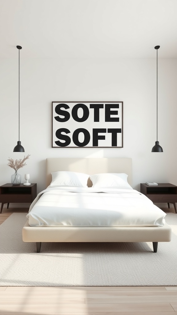 A minimalist bedroom featuring a low-profile bed with soft bedding, pendant lights, and a large framed artwork on the wall.