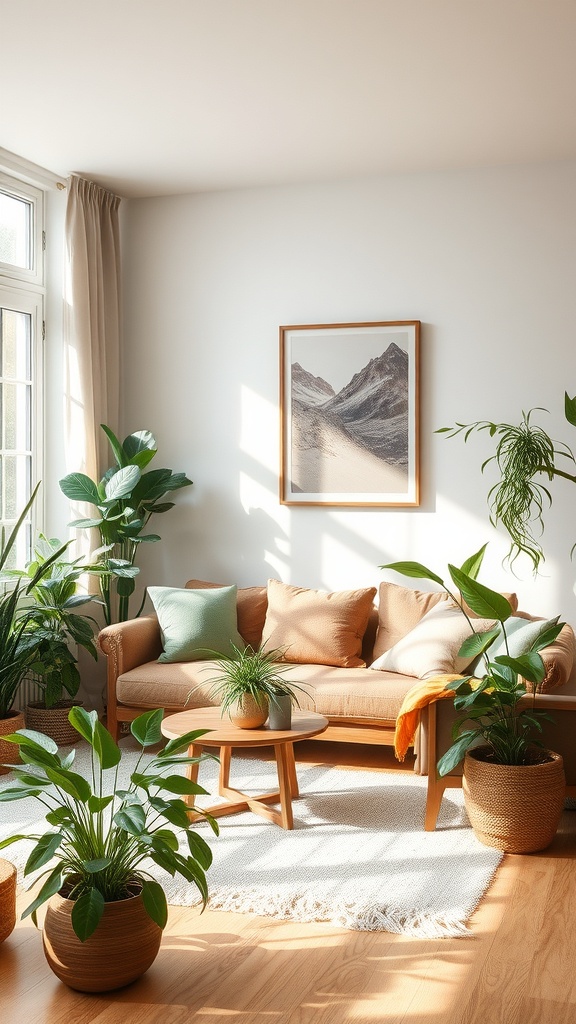 A cozy living room with a sofa, coffee table, and various indoor plants basking in sunlight.