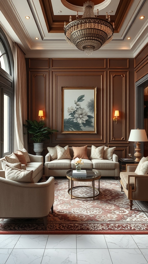Luxurious living room with plush furnishings, elegant chandelier, and warm color palette.