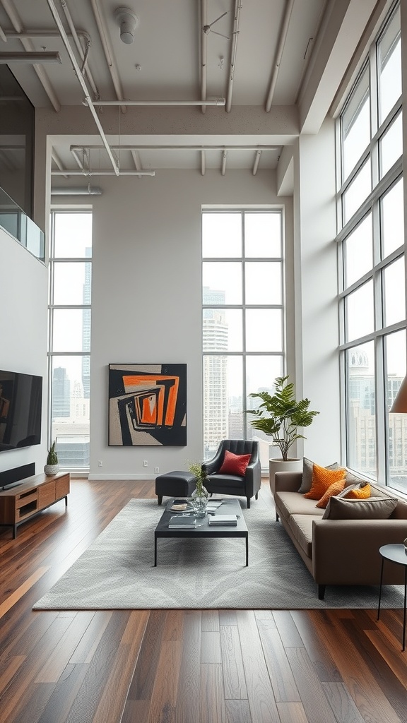 A modern urban loft featuring large windows, wooden floors, stylish furniture, and contemporary art.