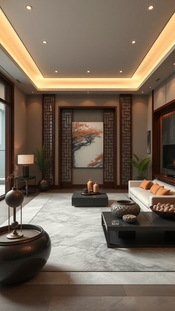 Luxurious Asian-inspired living room with elegant decor and soft lighting