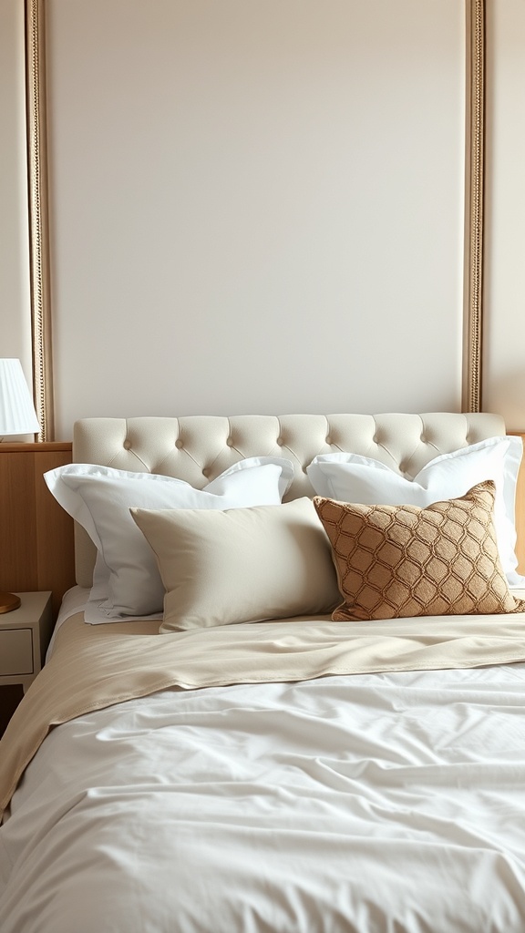 A luxurious bedding setup featuring a tufted headboard, soft pillows, and a neutral color palette.