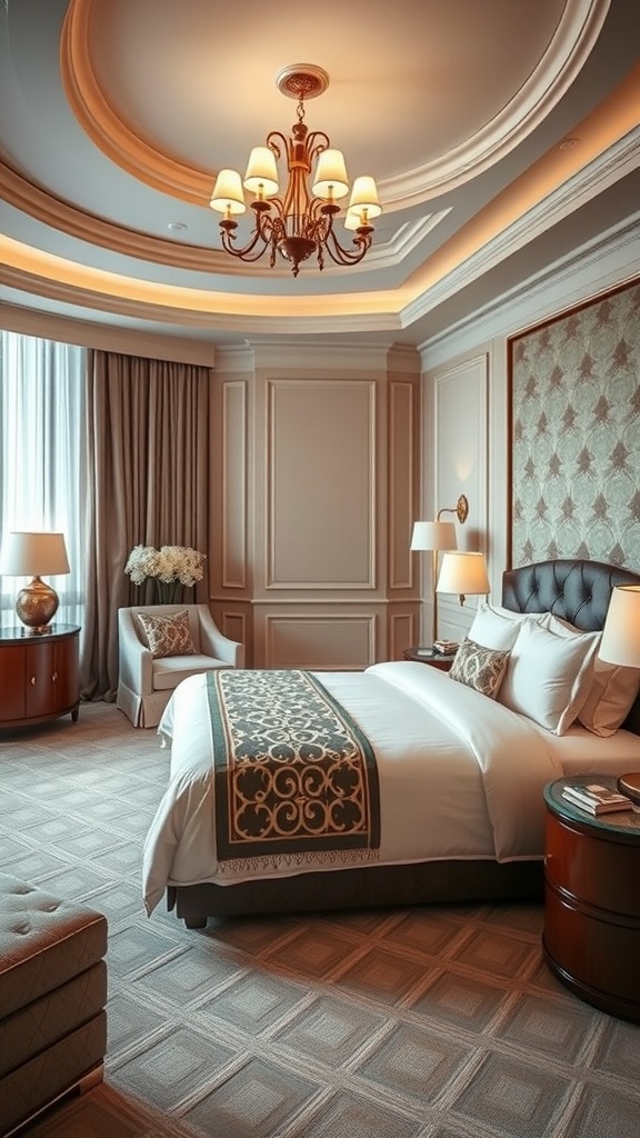 Luxurious hotel bedroom with elegant chandelier and plush furnishings
