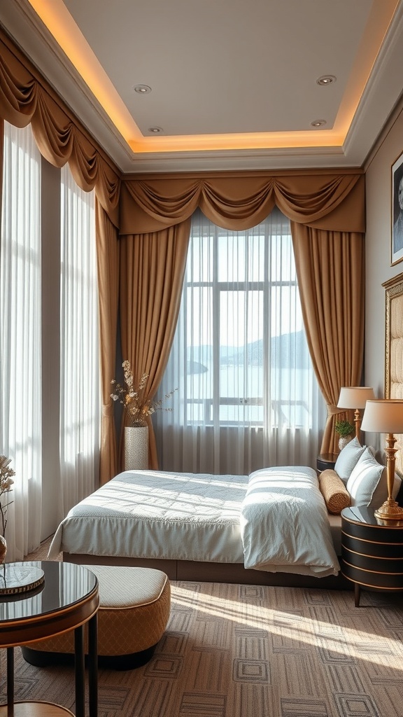 A luxurious hotel suite with elegant curtains, modern furniture, and soft lighting.