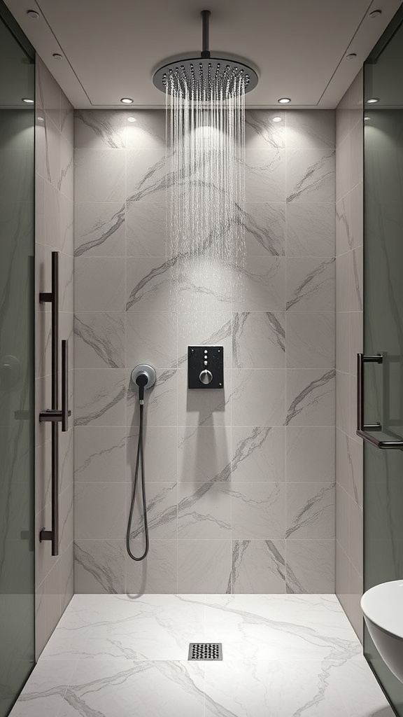 A modern shower with a rainfall shower head and elegant tile design.