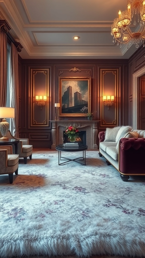 Luxurious living room with plush furniture, elegant chandelier, and rich wall paneling.