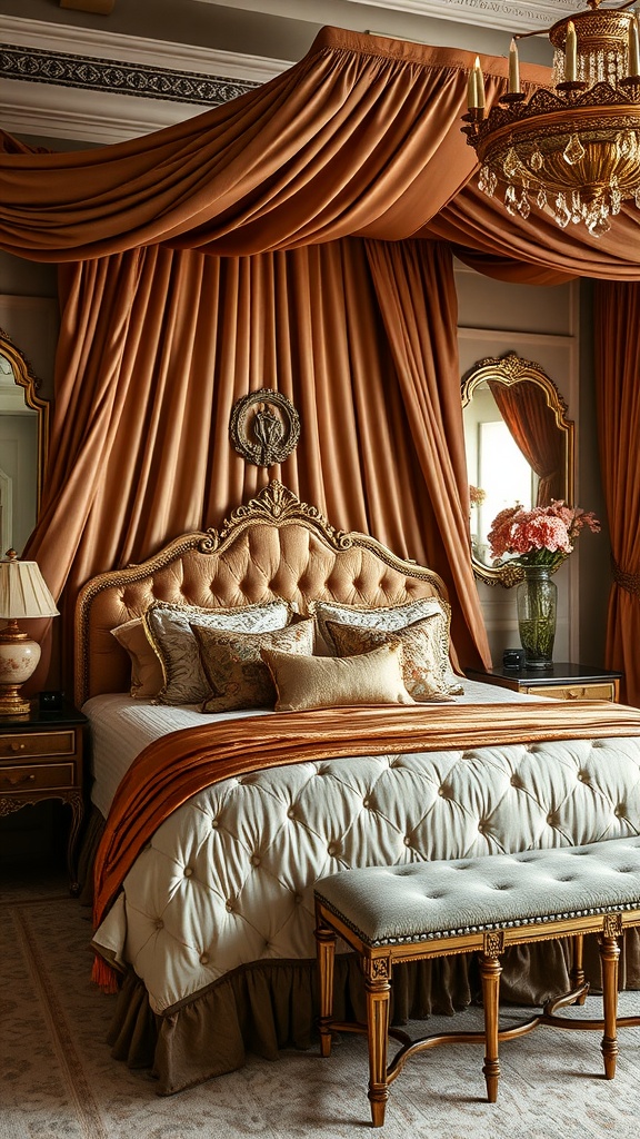 Luxurious bedroom with a plush bed, elegant decor, and warm colors.