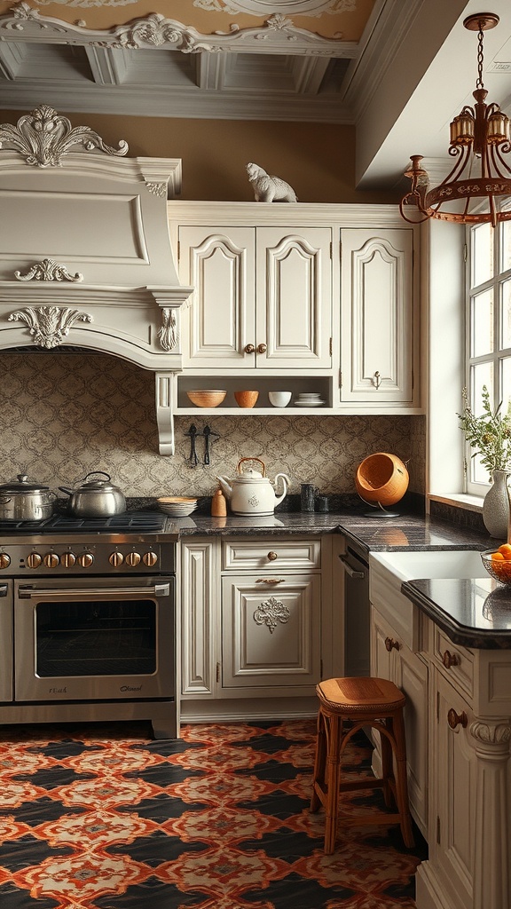 A luxurious vintage-style kitchen with modern appliances, featuring intricate cabinetry and patterned flooring.