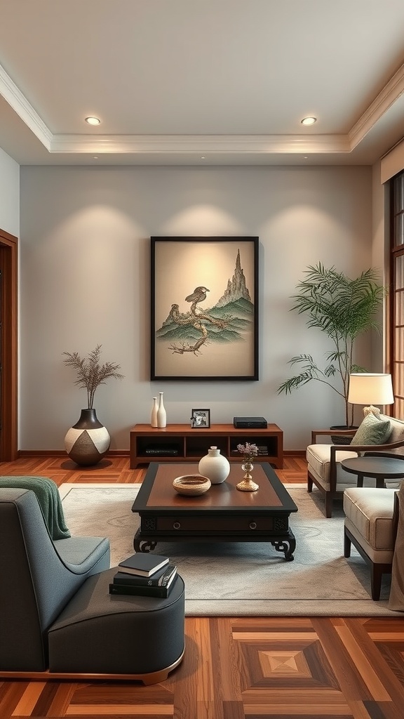 A luxury living room with Asian-inspired decor, featuring wooden flooring, elegant furniture, and serene artwork.