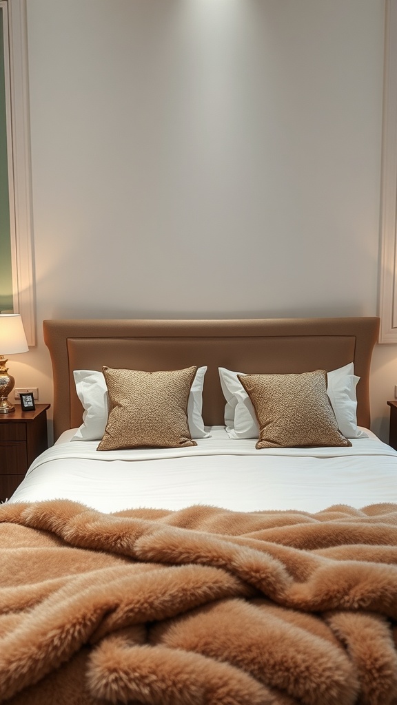 A luxurious bed with decorative pillows and a soft blanket, illuminated by warm bedside lamps.