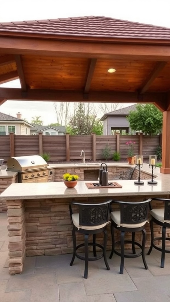 Luxury outdoor kitchen with stone countertops, grill, and bar seating under a wooden roof.