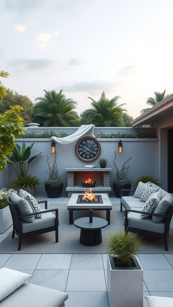 A luxurious outdoor living room with seating, a fire pit, and surrounding greenery.