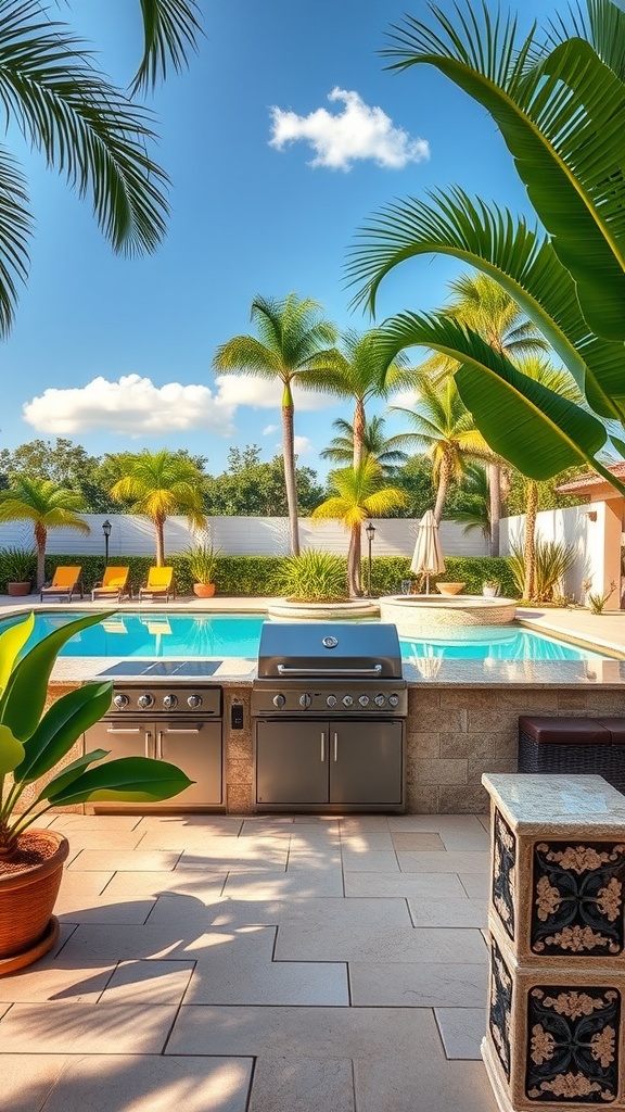 A luxurious outdoor kitchen area with a barbecue grill beside a sparkling pool, surrounded by palm trees.