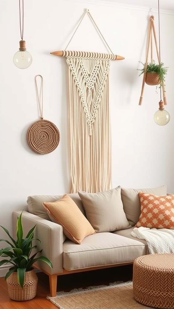A cozy living room featuring a macrame wall hanging, a stylish sofa, and decorative plants.
