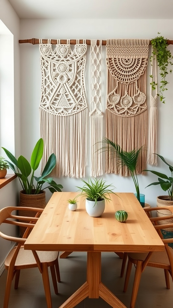 A cozy dining room featuring two macrame wall hangings and plants, with a wooden table and chairs.