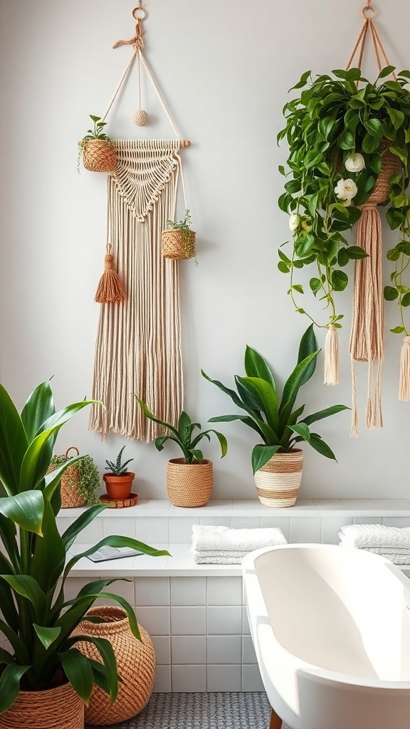 A boho-inspired bathroom featuring macramé wall hangings and various potted plants.