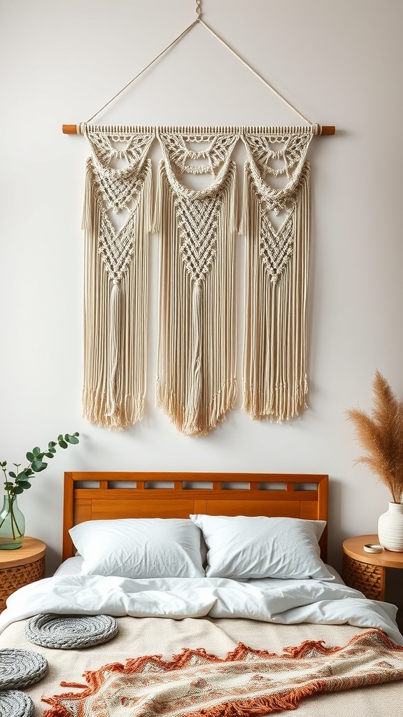 A macramé wall hanging above a wooden bed in a boho bedroom setting.