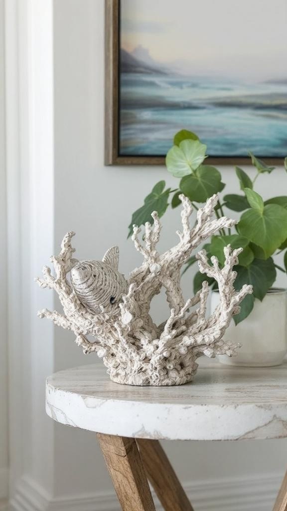 A white fish sculpture on a wooden table next to a beige chair, with a framed ocean photo on the wall.