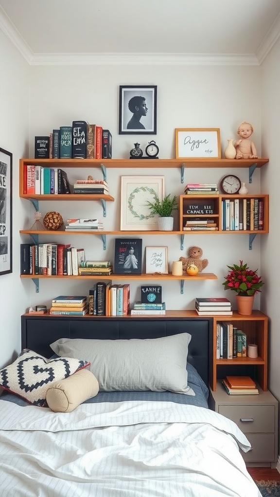 A small bedroom featuring vertical shelving filled with books, plants, and decorative items above a bed.